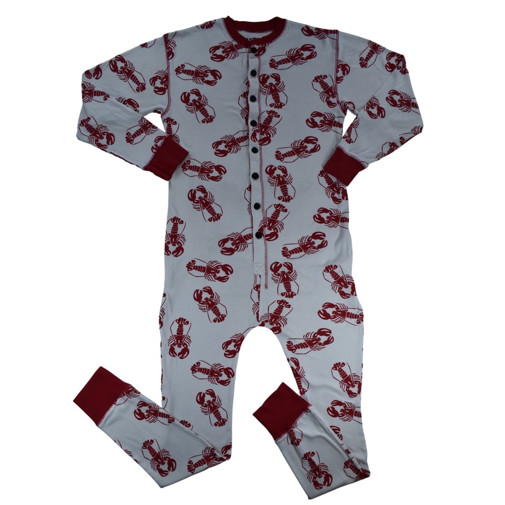 Lazy One Lobster Trap Door Union Suit Pajamas Medium Red White Cotton Sleep